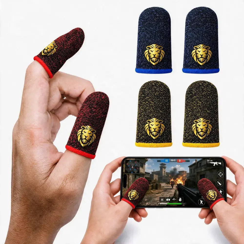 Dedales gamer Saleonia puestos en los dedos y jugando en un celular, con los colores rojo, azul y dorado